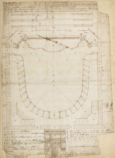 Teatro Filarmonico of the Accademia Filarmonica of Verona, Italy, Auditorium and Main Entrance Elevation by Francesco Galli Bibiena